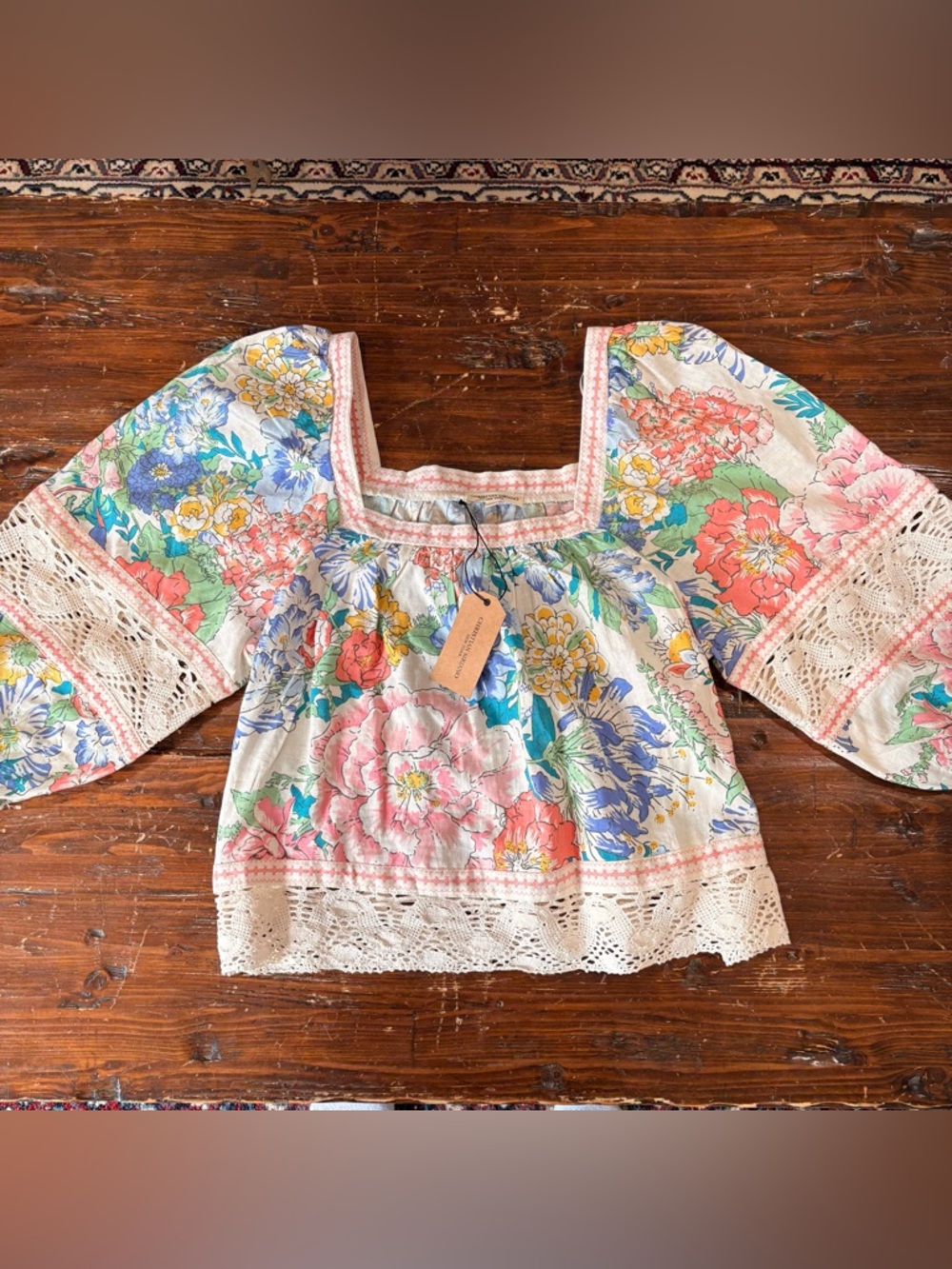 Floral Square-Neck Peasant Top in Multicolor by Christian Siriano Size L NWT